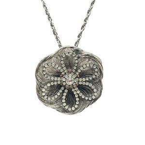 Vintage Wirework Necklace Silver Tone Flower Clear Rhinestones 70s Jewelry